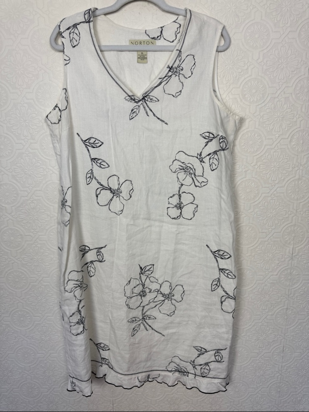 Norton McNaughton 100% Linen Floral Sleeveless Dress XL White Black Minimalist